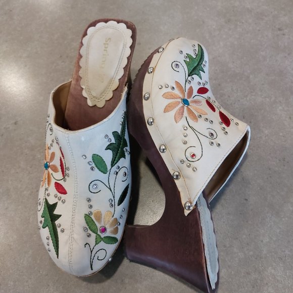 SPRING Women's Ivory Floral Embroidered Leather Platform Mules/Clogs Size 7.5M - Picture 8 of 10